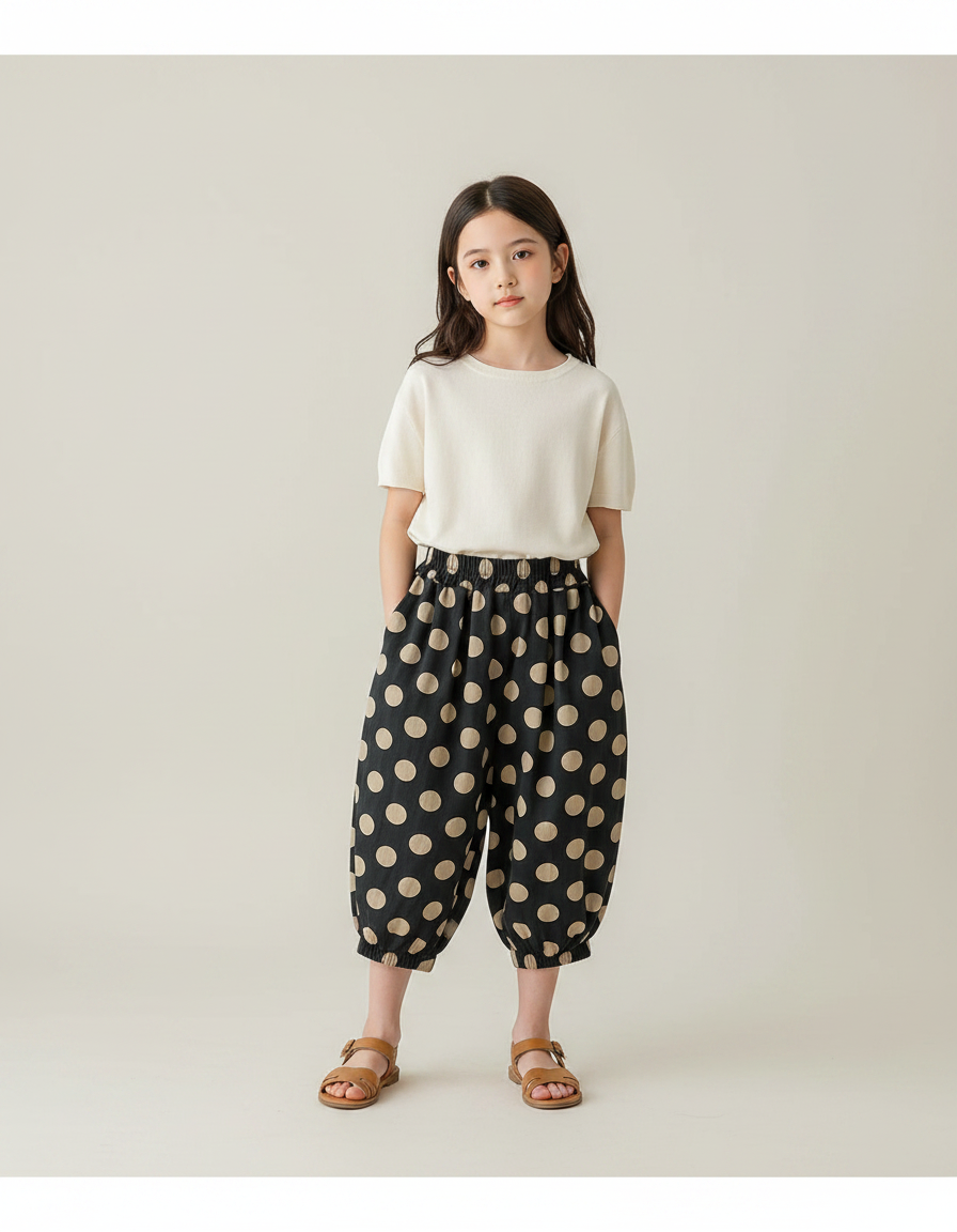 Pantalon Fluide Harem Noir Pois Beige Enfant - Viscose