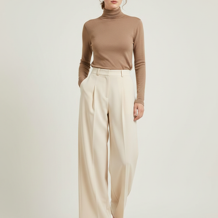 Pantalon Fluide Écru Taille Haute Ample Élégant Femme - Beige Polyester