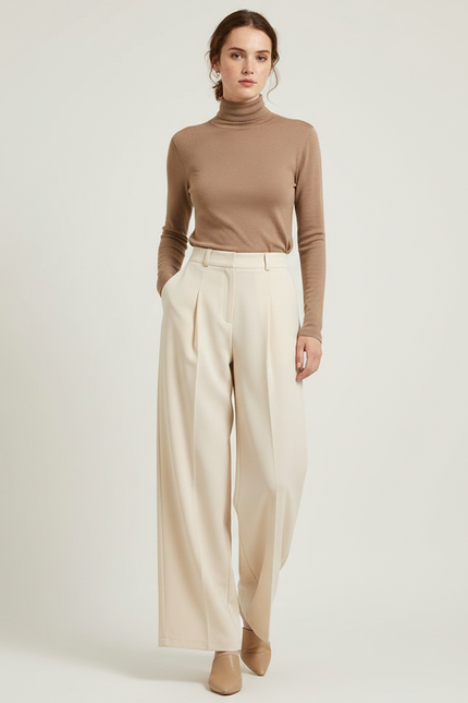 Pantalon Fluide Écru Taille Haute Ample Élégant Femme - Beige Polyester