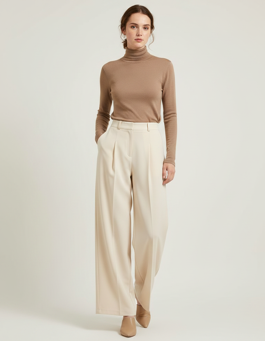 Pantalon Fluide Écru Taille Haute Ample Élégant Femme - Beige Polyester