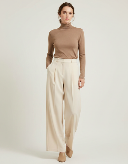 Pantalon Fluide Écru Taille Haute Ample Élégant Femme - Beige Polyester