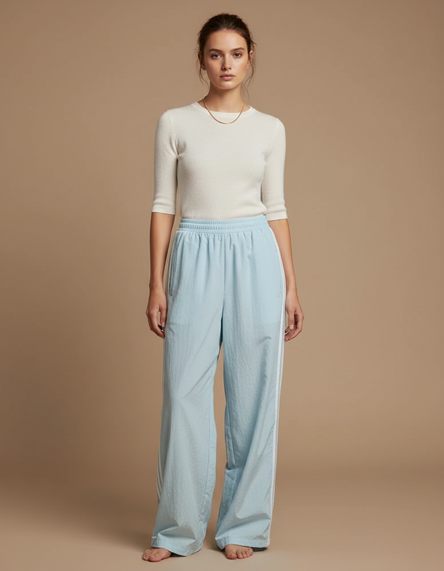 Pantalon Fluide Bleu Ciel Ample Rayures Blanches Sportif - Polyester