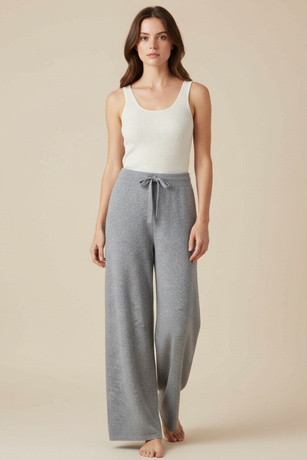 Pantalon Fluide Gris Maille Ample Cordon Décontracté Femme