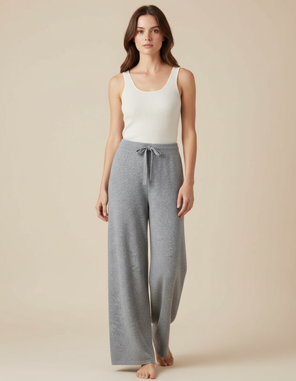 Pantalon Fluide Gris Maille Ample Cordon Décontracté Femme