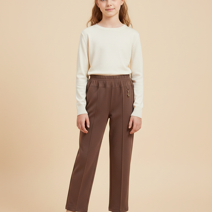 Pantalon Fluide Marron Droit Élastique Confortable Fille - Molleton