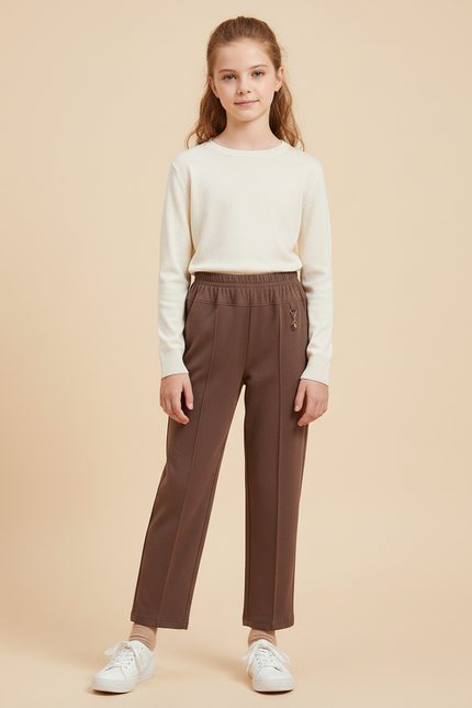 Pantalon Fluide Marron Droit Élastique Confortable Fille - Molleton