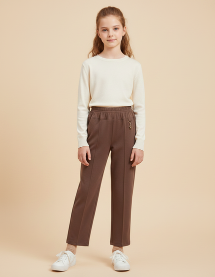 Pantalon Fluide Marron Droit Élastique Confortable Fille - Molleton