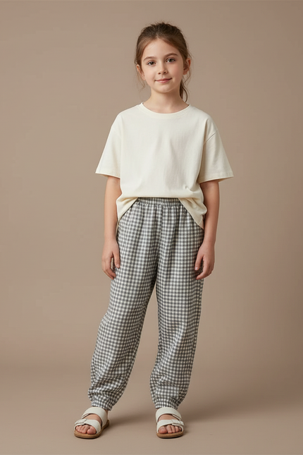 Pantalon Fluide Carreaux Vichy Ample Coton Enfant - Vert