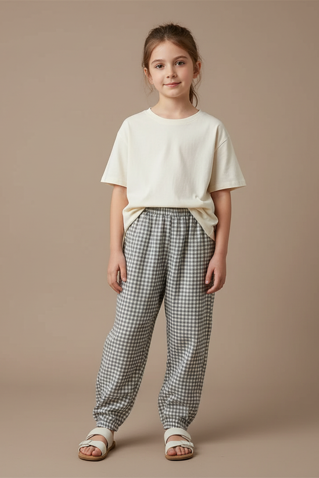 Pantalon Fluide Carreaux Vichy Ample Coton Enfant - Vert