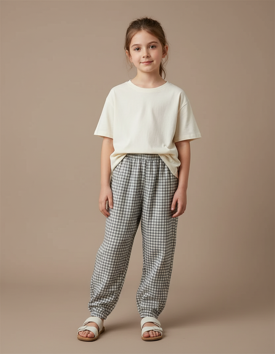 Pantalon Fluide Carreaux Vichy Ample Coton Enfant - Vert