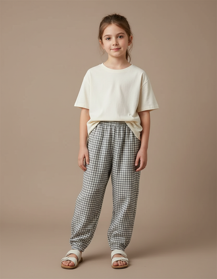 Pantalon Fluide Carreaux Vichy Ample Coton Enfant - Vert