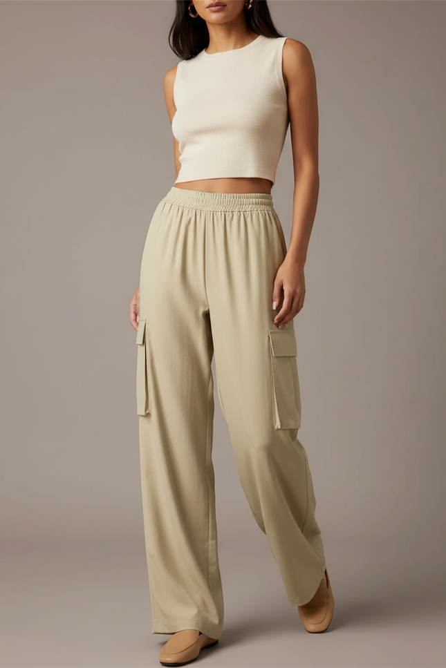 Pantalon Fluide Cargo Ample Vert Kaki Femme - Polyester