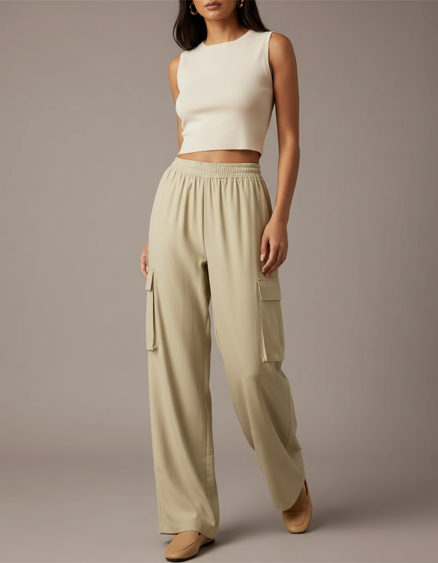 Pantalon Fluide Cargo Ample Vert Kaki Femme - Polyester