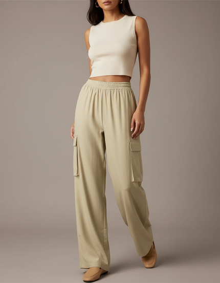 Pantalon Fluide Cargo Ample Vert Kaki Femme - Polyester