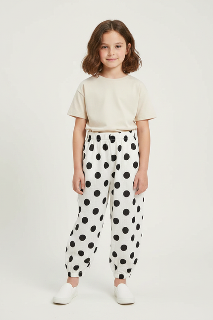 Pantalon Fluide Blanc À Pois Noirs Ample Enfant - Lin