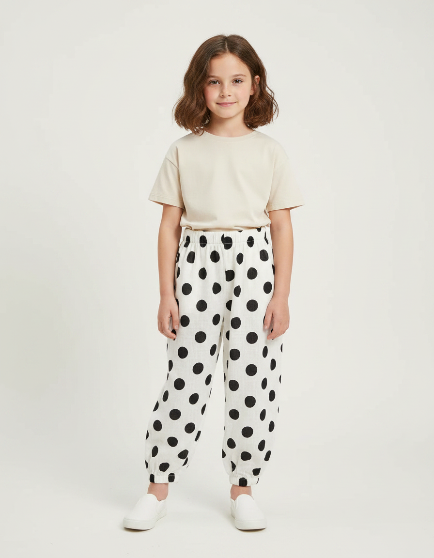 Pantalon Fluide Blanc À Pois Noirs Ample Enfant - Lin