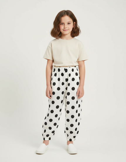Pantalon Fluide Blanc À Pois Noirs Ample Enfant - Lin