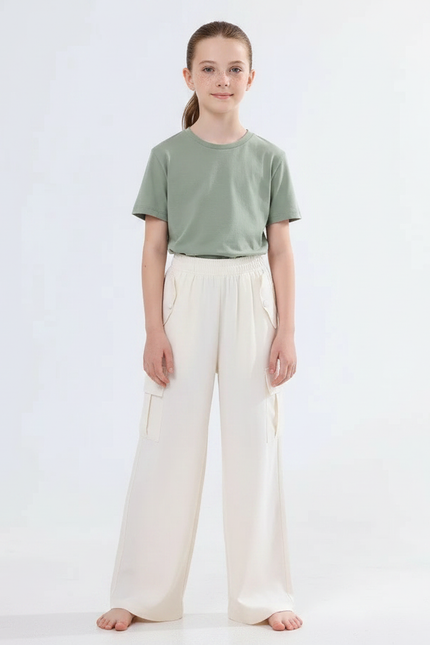 Pantalon Fluide Écru Cargo Ample Enfant Décontracté - Beige Viscose