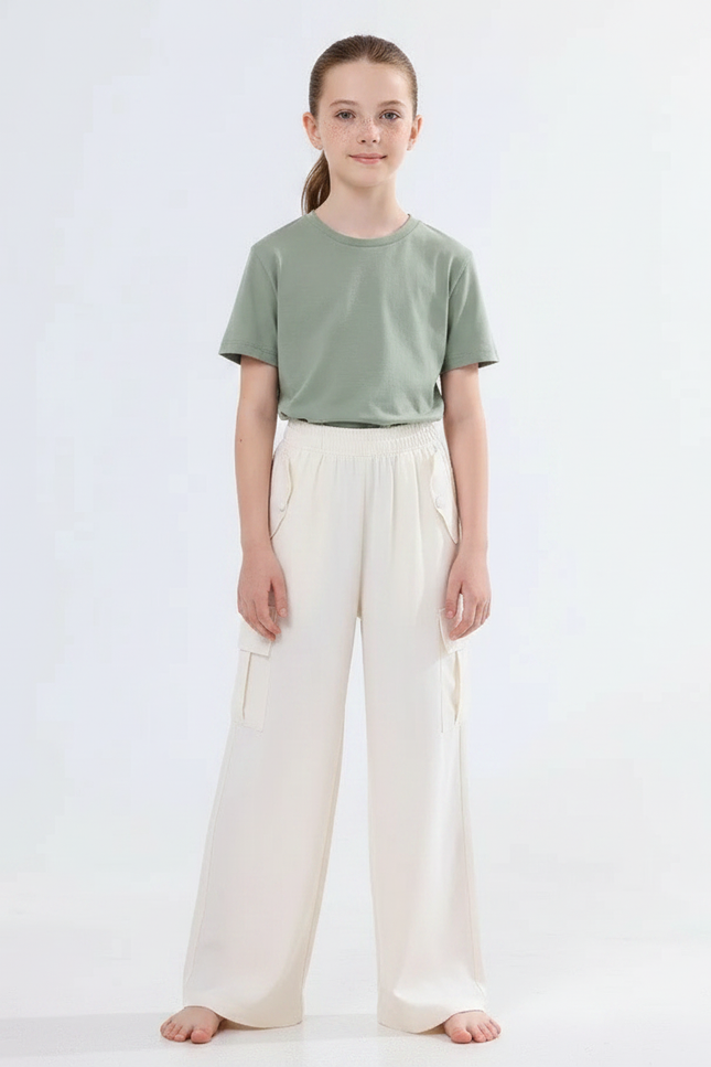 Pantalon Fluide Écru Cargo Ample Enfant Décontracté - Beige Viscose