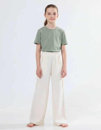 Pantalon Fluide Écru Cargo Ample Enfant Décontracté - Beige Viscose