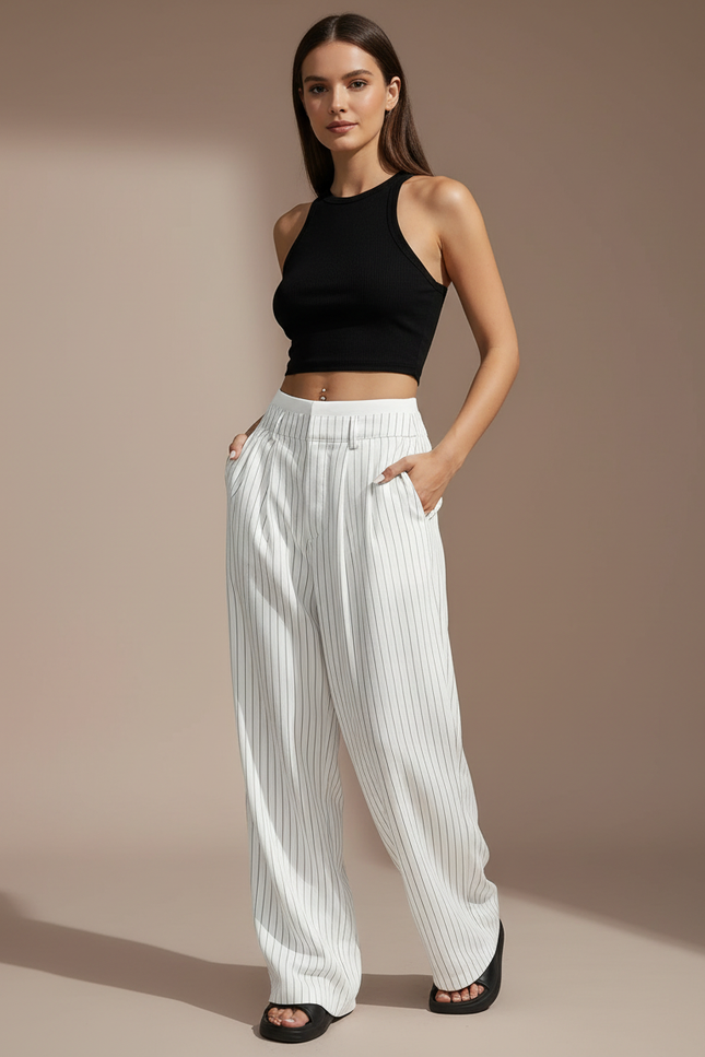 Pantalon Fluide Blanc Rayé Ample Taille Haute - Viscose