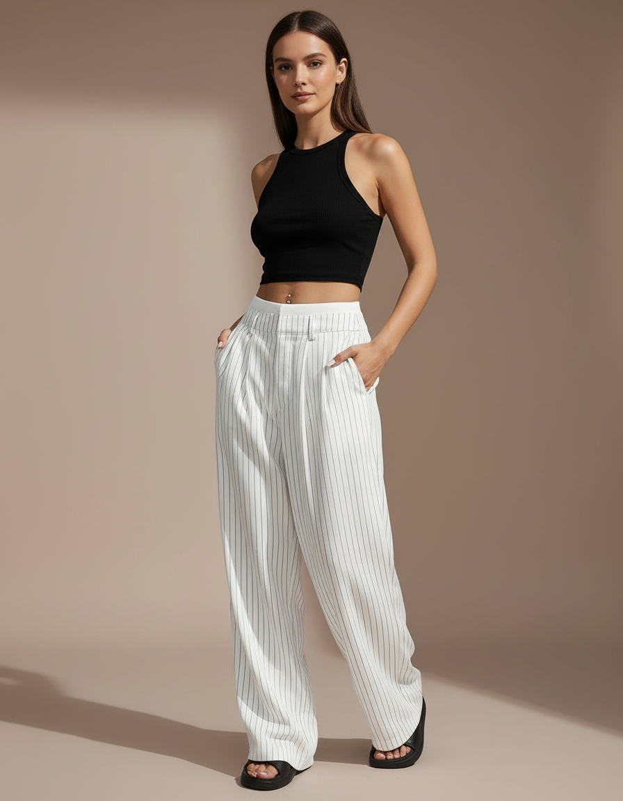 Pantalon Fluide Blanc Rayé Ample Taille Haute - Viscose