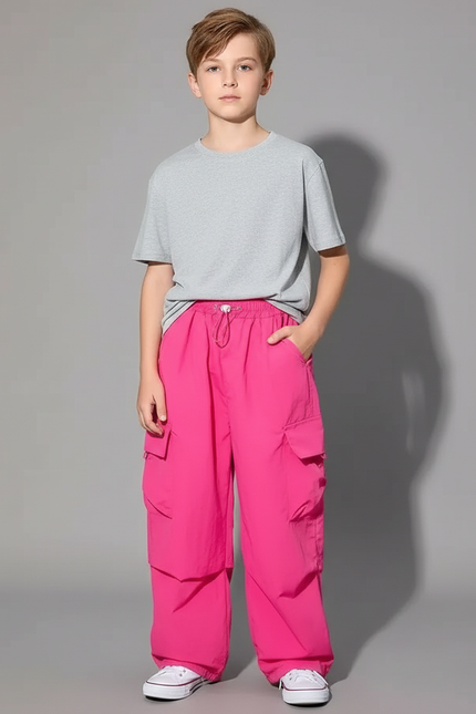 Pantalon Fluide Cargo Rose Vif Ample Streetwear Enfant - Polyester