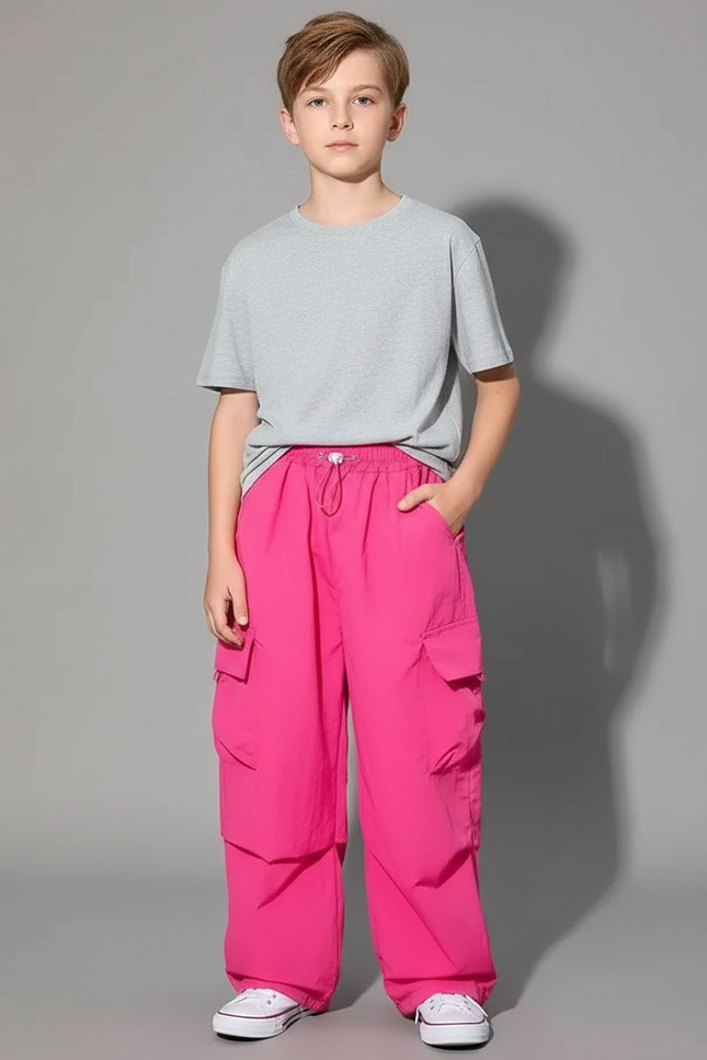Pantalon Fluide Cargo Rose Vif Ample Streetwear Enfant - Polyester