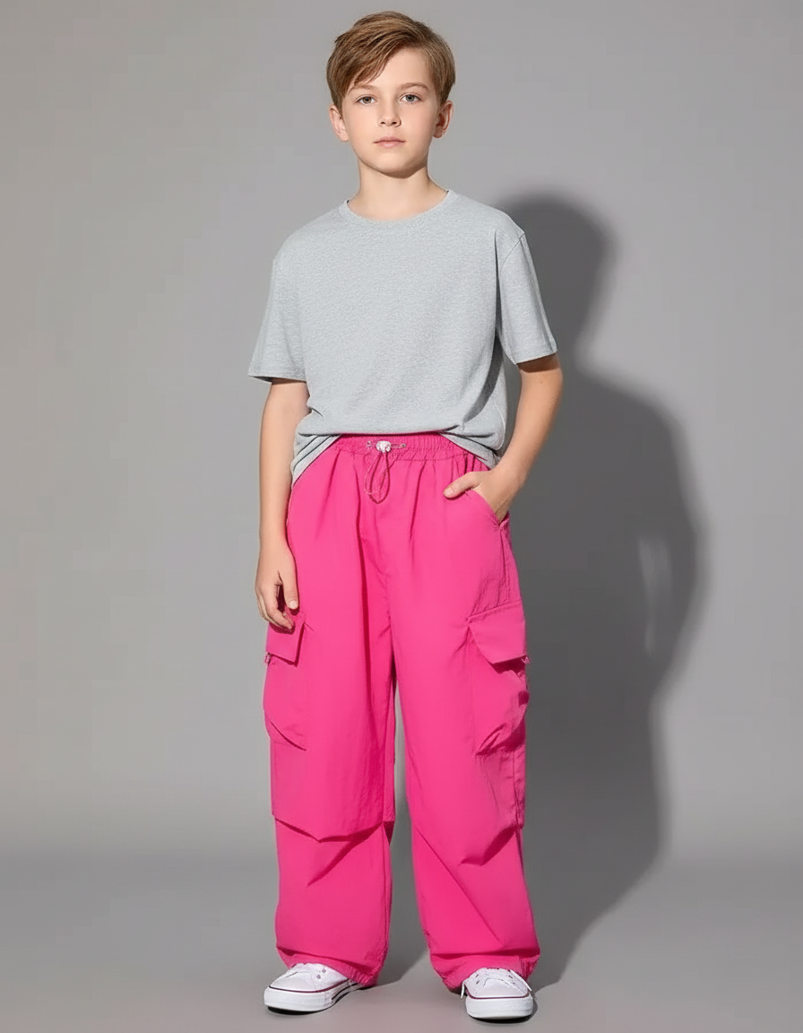 Pantalon Fluide Cargo Rose Vif Ample Streetwear Enfant - Polyester