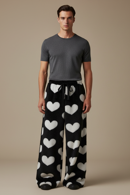 Pantalon Fluide Noir Cœurs Blancs Polaire Ample - Molleton
