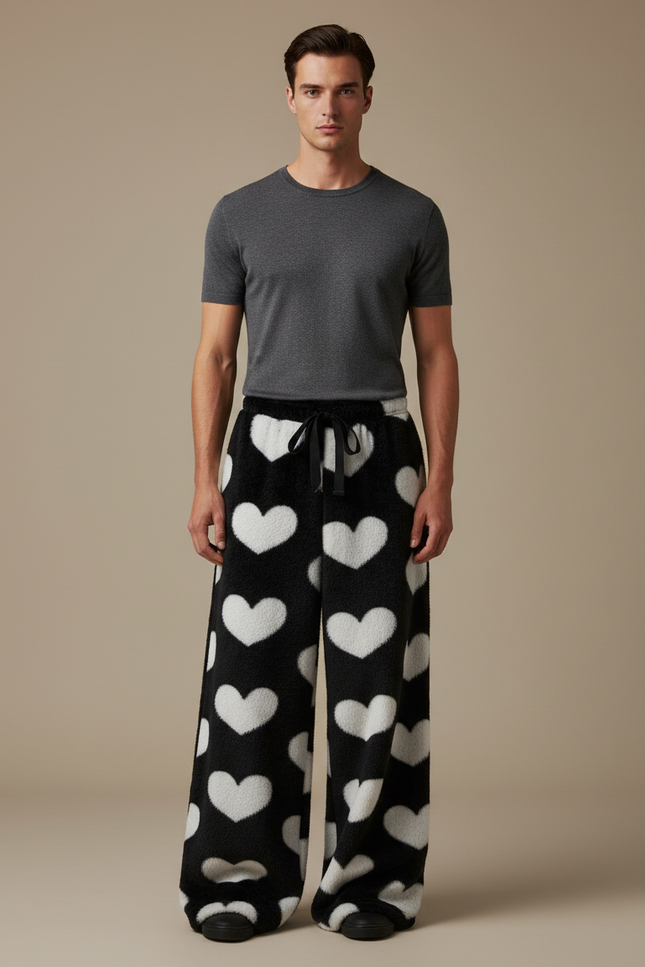 Pantalon Fluide Noir Cœurs Blancs Polaire Ample - Molleton