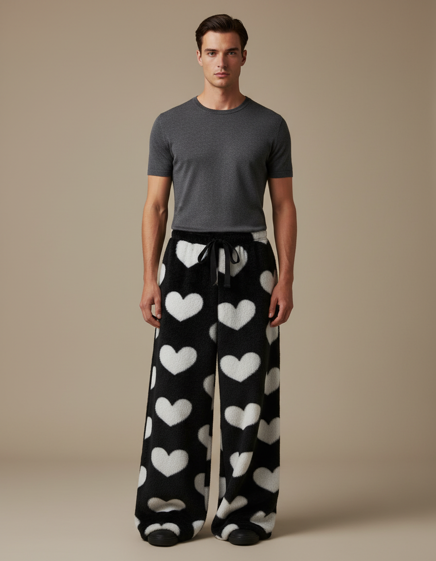 Pantalon Fluide Noir Cœurs Blancs Polaire Ample - Molleton