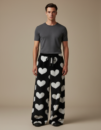 Pantalon Fluide Noir Cœurs Blancs Polaire Ample - Molleton