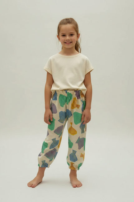 Pantalon Fluide Beige Imprimé Coquillage Ample Enfant - Coton