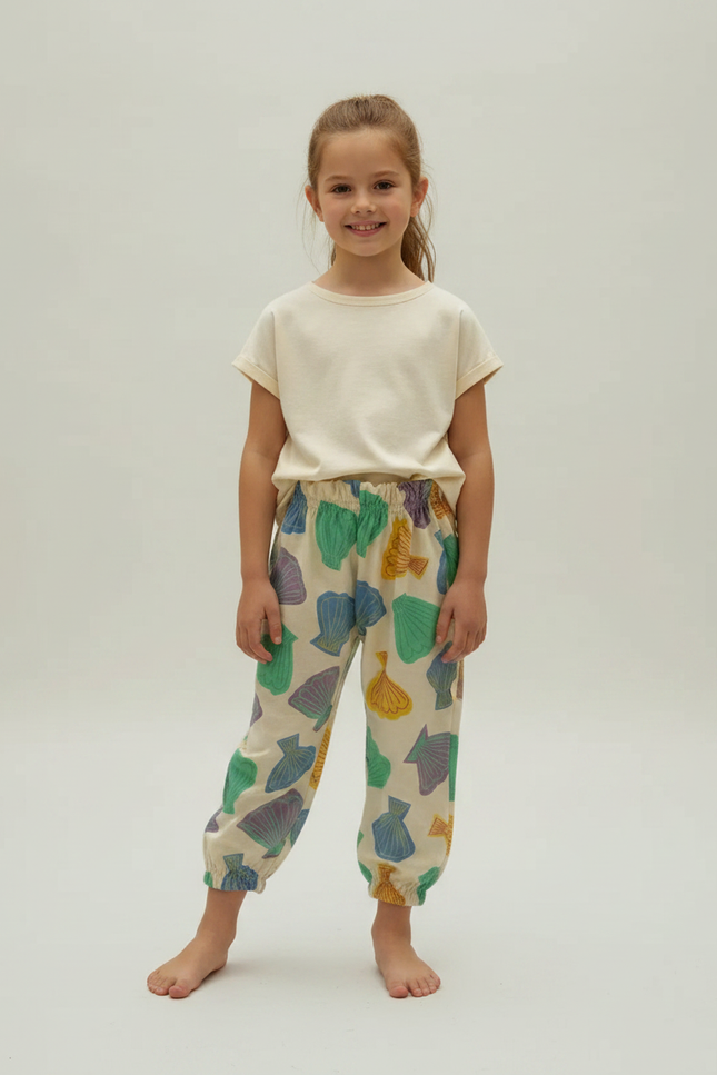 Pantalon Fluide Beige Imprimé Coquillage Ample Enfant - Coton