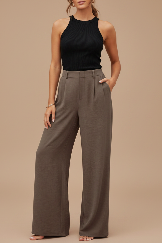 Pantalon Fluide Kaki Ample Décontracté Taille Haute - Viscose