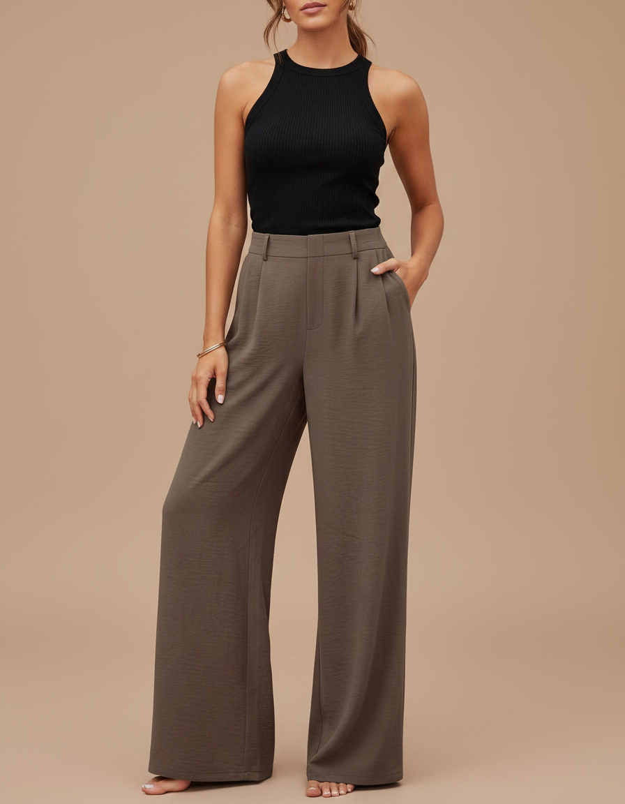 Pantalon Fluide Kaki Ample Décontracté Taille Haute - Viscose
