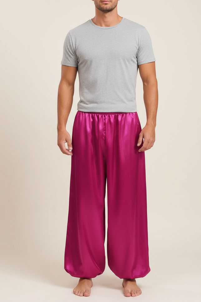 Pantalon Fluide Satiné Ample Fuchsia Homme Scène - Rose