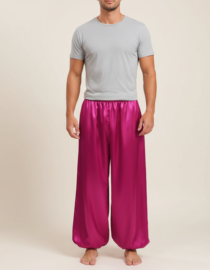 Pantalon Fluide Satiné Ample Fuchsia Homme Scène - Rose