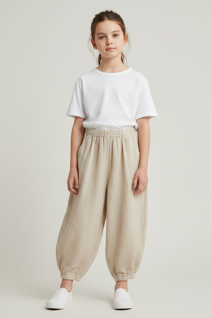 Pantalon Fluide Écru Coton Ample Confortable Enfant - Beige