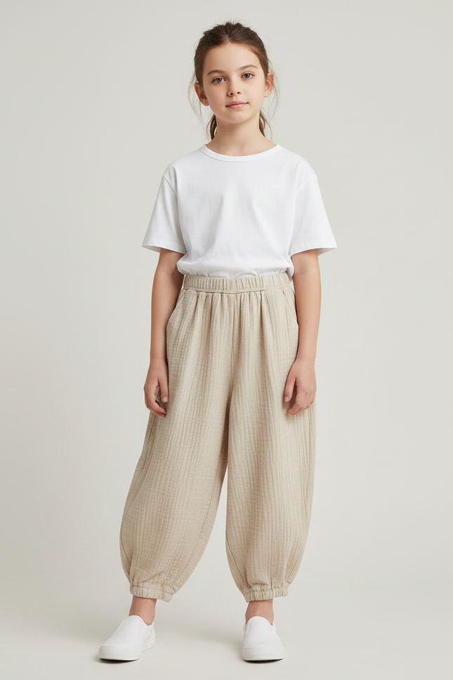 Pantalon Fluide Écru Coton Ample Confortable Enfant - Beige