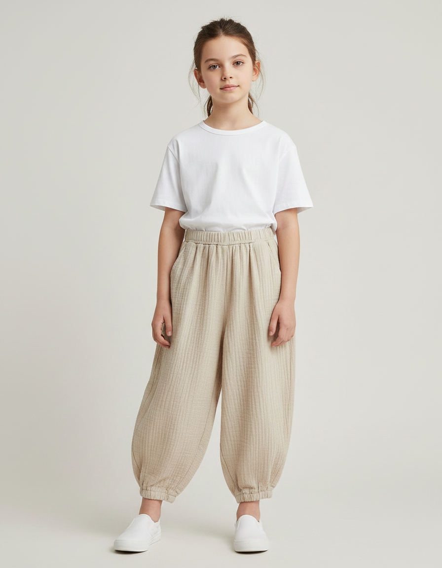 Pantalon Fluide Écru Coton Ample Confortable Enfant - Beige