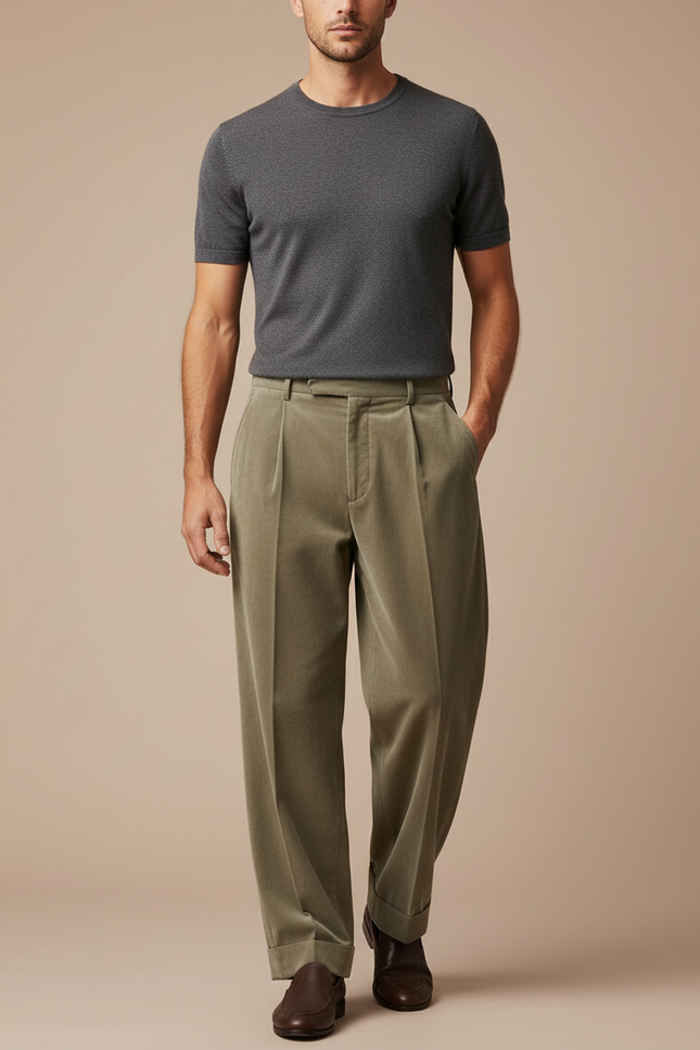 Pantalon Fluide Velours Côtelé Kaki Plissé Ample Homme - Cordé