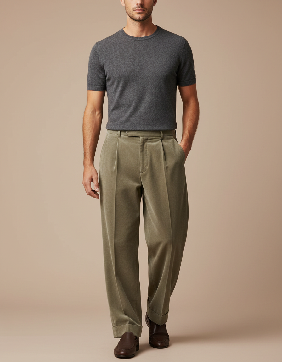 Pantalon Fluide Velours Côtelé Kaki Plissé Ample Homme - Cordé
