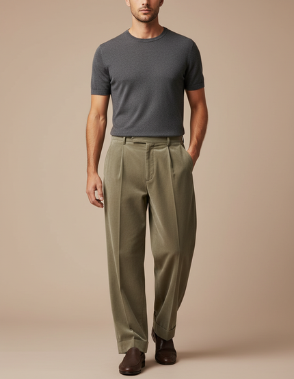Pantalon Fluide Velours Côtelé Kaki Plissé Ample Homme - Cordé