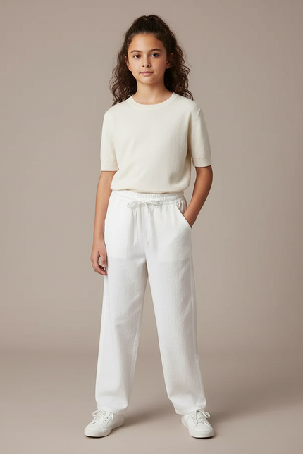Pantalon Fluide Blanc Ample Coton Fille