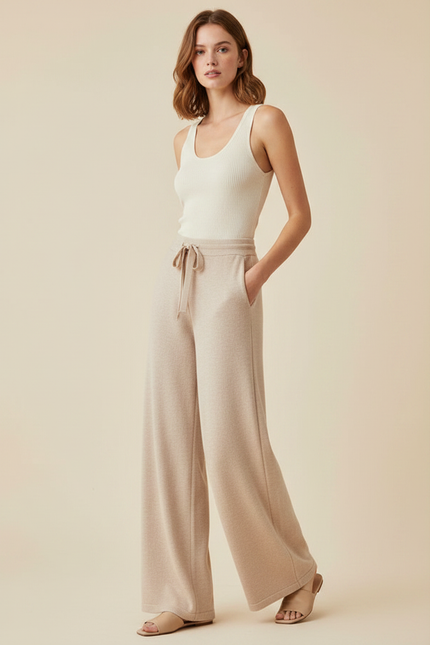 Pantalon Fluide Beige Large Tricot Cordon Confortable - Maille