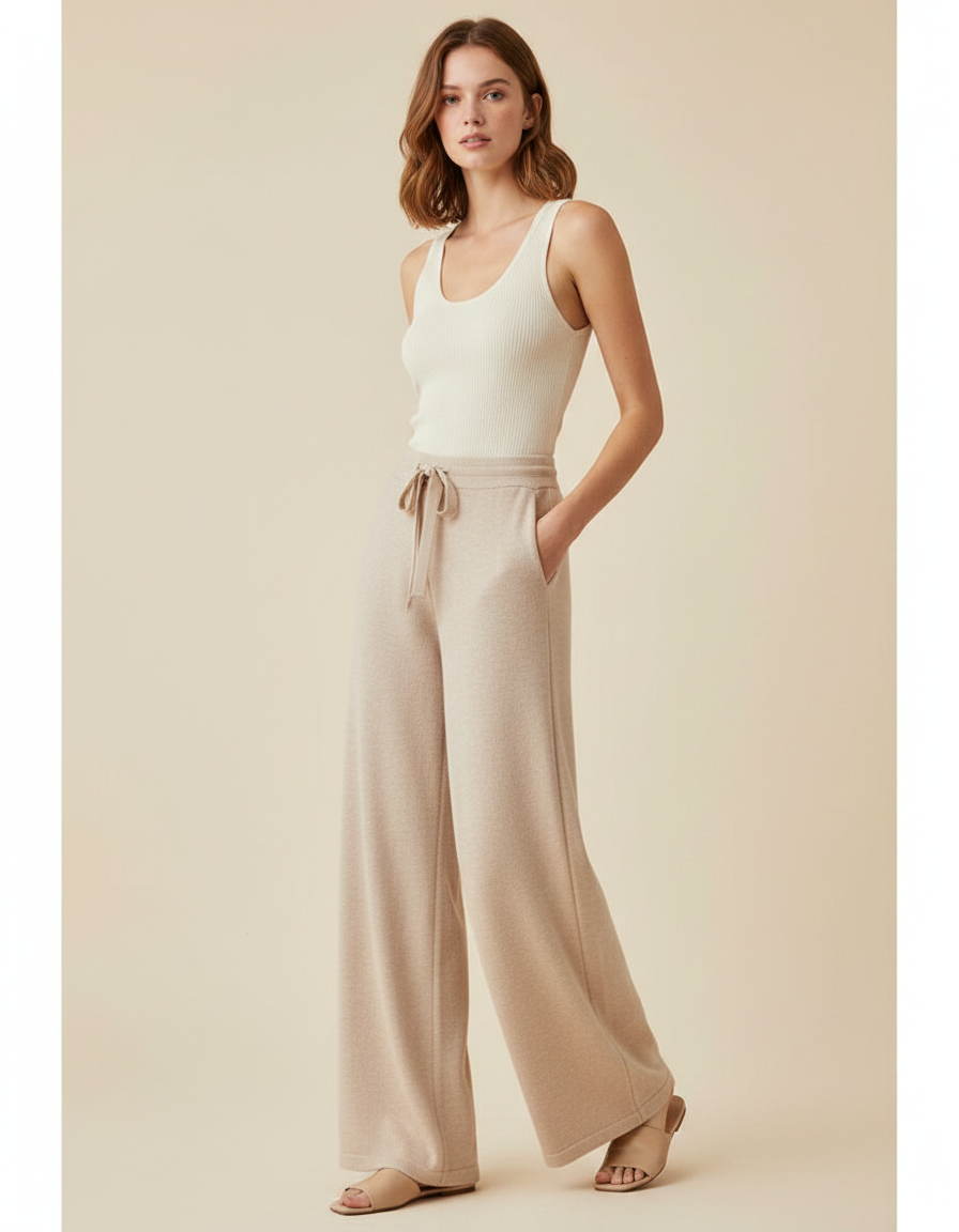 Pantalon Fluide Beige Large Tricot Cordon Confortable - Maille