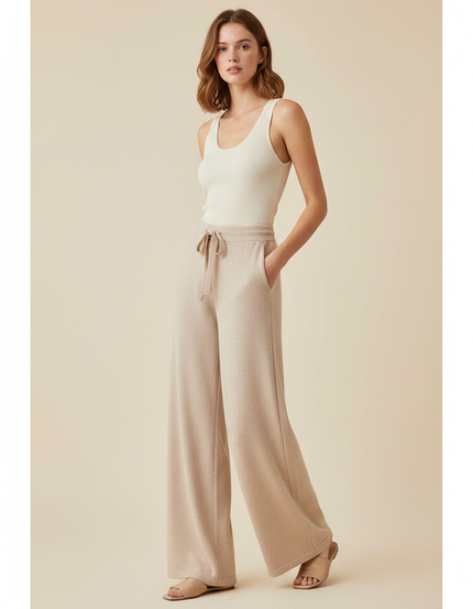 Pantalon Fluide Beige Large Tricot Cordon Confortable - Maille