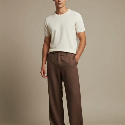 Pantalon Fluide Marron Lin Large Décontracté Homme